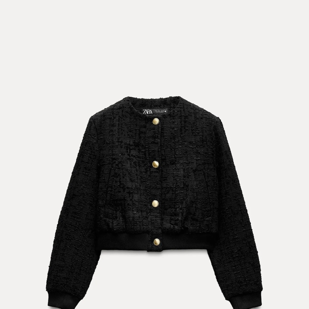 Zara Black Textured Weave Bomber Jacket